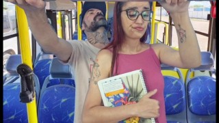 Schoolgirl gets on the bus and by stranger in public!